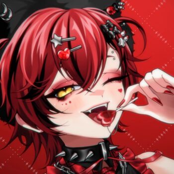 Rule 34 | 1girl, black collar, candy, character request, collar, commentary, copyright request, crossed bangs, double-parted bangs, eyebrow piercing, eyeshadow, face piercing, facial mark, fangs, fingernails, food, hair between eyes, hair ornament, hairclip, hand up, heart, heart-shaped food, heart-shaped lollipop, heart facial mark, holding, holding candy, holding food, holding lollipop, im monimon, lollipop, looking at viewer, makeup, nail polish, one eye closed, open mouth, parallel hairclips, piercing, portrait, red background, red eyeshadow, red hair, red nails, shaped lollipop, short hair, smile, solo, spiked collar, spikes, tongue, untranslatable commentary, yellow eyes