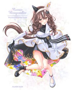 1girl animal_ears breasts brown_eyes brown_hair character_name commentary_request curren_bouquetd'or_(umamusume) delta-e elbow_gloves gloves hairband highres horse_ears horse_girl long_braid looking_at_viewer medium_breasts open_mouth revision ribbon simple_background solo standing standing_on_one_leg thighs umamusume white_background