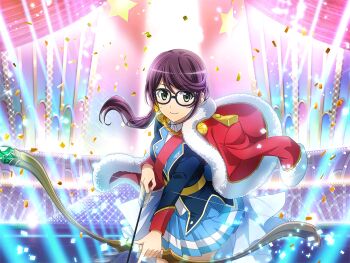 1girl arrow_(projectile) blue_jacket blue_skirt bow_(weapon) closed_mouth confetti fur-trimmed_jacket fur_trim game_cg glasses green_eyes holding holding_arrow holding_bow_(weapon) holding_weapon hoshimi_junna jacket jacket_on_shoulders long_hair long_sleeves looking_at_viewer official_art pleated_skirt ponytail purple_hair red_jacket red_sash sash shoujo_kageki_revue_starlight shoujo_kageki_revue_starlight_-re_live- skirt solo stage_lights standing upper_body weapon