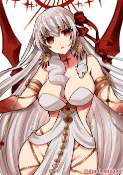 1girl absurdres armlet bare_shoulders belly_chain blush body_markings breasts cleavage colored_skin commentary_request dress durga_(fate) durga_(first_ascension)_(fate) earrings facial_mark fate/grand_order fate_(series) forehead_mark grey_hair hair_ribbon highres izumi_minami jewelry large_breasts long_hair looking_at_viewer open_mouth pelvic_curtain red_eyes red_skin revealing_clothes ribbon sash snake solo very_long_hair weapon white_dress