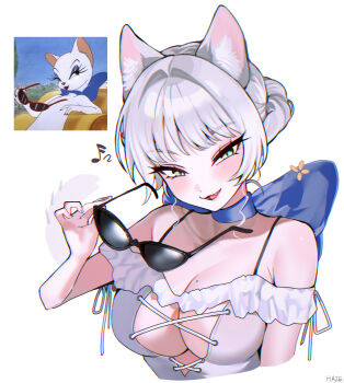 1girl animal_ears blue_bow blue_bowtie blush bow bowtie breasts cat_ears cat_girl green_eyes haze_(7h4ze) highres large_breasts looking_at_viewer mole mole_on_breast short_hair simple_background single_tooth solo sunglasses swimsuit toodles_galore white_background white_hair