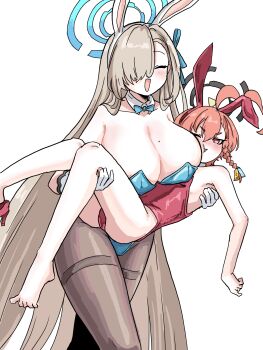 Rule 34 | 2girls, ahoge, animal ear hairband, animal ears, asuna (blue archive), asuna (bunny) (blue archive), bare shoulders, barefoot, black halo, blonde hair, blue archive, blue bow, blue bowtie, blue halo, blue leotard, blush, bow, bowtie, braid, breasts, carrying, carrying person, cleavage, closed eyes, collarbone, commentary request, detached collar, fake animal ears, flat chest, gloves, hair between eyes, hair over one eye, hair ribbon, hairband, halo, highres, huge ahoge, huge breasts, leotard, long hair, mole, mole on breast, multiple girls, neru (blue archive), neru (bunny) (blue archive), open mouth, orange hair, pantyhose, playboy bunny, rabbit ear hairband, rabbit ears, red leotard, ribbon, short hair, single braid, smile, tachikaze miyako, thighband pantyhose, thighs, very long hair, white gloves