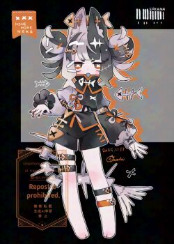 1girl animal_ear_fluff animal_ears barcode barefoot black_hair black_shirt black_shorts blunt_bangs blush cat_ears cat_girl commentary_request dated double_bun drop_shadow fang fish_skeleton_hair_ornament full_body grey_hair grey_shirt hair_bun hand_up long_sleeves looking_at_viewer mochimura_sorata multicolored_hair multiple_thigh_straps open_mouth original outline shirt short_hair shorts signature solo standing thick_eyebrows thigh_strap two-tone_hair two-tone_shirt watermark white_outline