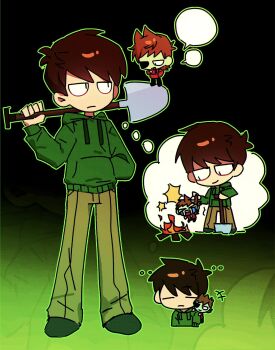 Rule 34 | 2boys, brown hair, brown pants, carrying, carrying person, chibi, colored skin, commentary, crying, edd (eddsworld), eddsworld, fire, gradient background, green hoodie, green skin, hair ears, highres, holding, holding mini person, holding shovel, hood, hood down, hoodie, long sleeves, looking at another, male focus, mini person, miniboy, missing eye, multiple boys, multiple views, on shoulder, pants, red hoodie, short hair, shovel, smile, speech bubble, standing, symbol-only commentary, thought bubble, tord (eddsworld), yunian77, zombie