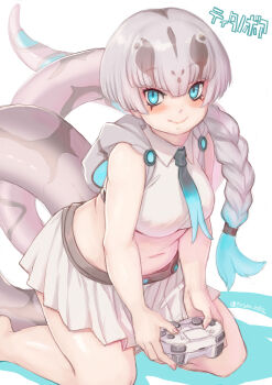 1girl bare_legs bare_shoulders barefoot blue_eyes blue_necktie blush braid breasts collared_shirt controller game_controller grey_hair hair_between_eyes highres hood hood_down kemono_friends kneeling kosai_takayuki long_hair looking_at_viewer medium_breasts midriff multicolored_hair navel necktie pleated_skirt plump shirt sidelocks skirt sleeveless slit_pupils smile snake_girl snake_print snake_tail solo tail titanoboa_(kemono_friends) two-tone_hair white_shirt white_skirt