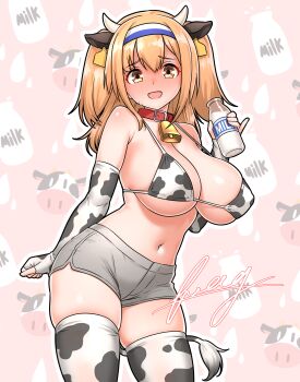 1girl absurdres animal_ear_hairband animal_ears animal_print bell bikini blush bottle breasts bridal_gauntlets brown_eyes brown_hair commentary_request cow_ear_hairband cow_ears cow_print cow_print_bikini cow_print_bridal_gauntlets cow_print_thighhighs cowbell ear_tag fake_animal_ears furaggu_(frag_0416) grey_shorts hairband highres holding holding_bottle i-26_(kancolle) kantai_collection large_breasts long_hair looking_at_viewer milk_bottle multicolored_hairband navel neck_bell open_mouth print_bikini print_bridal_gauntlets print_thighhighs shorts solo swimsuit thighhighs two-tone_hairband two_side_up