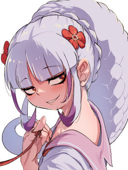 1girl blunt_bangs blush braid byakuda_(kemono_friends) collar flower hair_flower hair_ornament highres kemono_friends long_hair looking_back mcgunngu multicolored_hair pink_collar pink_hair portrait red_eyes sailor_collar shirt sidelocks smile snake_girl solo string string_of_fate t-shirt white_hair white_shirt