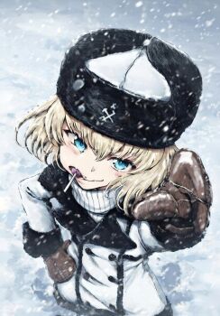 1girl alternate_costume blonde_hair blue_eyes candy commentary_request feet_out_of_frame food girls_und_panzer gloves highres jacket katyusha_(girls_und_panzer) lollipop outdoors russian_clothes sawamin short_hair snowing solo standing turtleneck