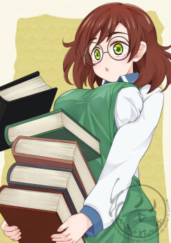 1girl :o artist_logo blue_trim book book_stack border breasts brown_hair commentary_request falling_books glasses green_eyes green_vest highres holding holding_book large_breasts logo long_sleeves medium_hair open_mouth shirt simple_background solo soumanantoka swept_bangs upper_body vest watermark white_shirt yellow_background yellow_border yuzuriha_maimai zombie_land_saga