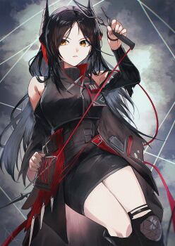 Rule 34 | 1girl, absurdres, arknights, arm up, bare shoulders, black dress, black hair, black horns, black socks, chromatic aberration, commentary request, cowboy shot, dress, film grain, high-waist dress, highres, holding, horns, huge filesize, ines (arknights), kneehighs, long hair, long sleeves, parted bangs, parted lips, partial commentary, socks, solo, sudadachi, thread, yellow eyes