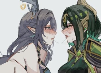 2girls after_kiss bare_shoulders between_legs blush commentary eni_(enidaisy69) genshin_impact green_eyes green_hair grey_background hashtag-only_commentary highres horns lauma_(genshin_impact) lipstick_mark lipstick_mark_on_face long_hair multiple_girls nefer_(genshin_impact) pointy_ears purple_eyes purple_hair saliva saliva_trail simple_background sweat yuri