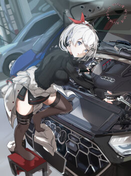 1girl absurdres armband black_gloves black_shirt blush boots bow breasts brown_thighhighs car coat_around_waist damingjiuai_sevens fingerless_gloves flashlight gloves grey_eyes hair_ornament hairclip hand_up highres indoors large_breasts long_sleeves looking_at_viewer motor_vehicle open_car_hood original red_bow ribbed_shirt shirt single_glove solo standing standing_on_one_leg steelblue_mirage thighhighs unworn_armband unworn_boots watermark white_hair wrench zettai_ryouiki