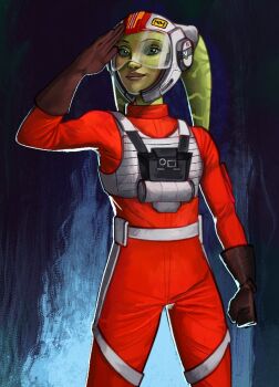1girl alien brown_gloves colored_skin gloves green_eyes green_skin hera_syndulla jumpsuit orange_jumpsuit salute solo star_wars twi&#039;lek uzuri_art