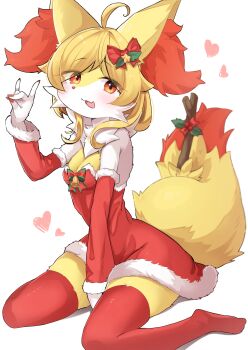1girl :3 absurdres ahoge animal_ears animal_nose backless_dress backless_outfit bell between_legs blonde_hair blush body_fur bow bowtie braixen breasts cleavage detached_sleeves dress female_focus fox_ears fox_girl fox_shadow_puppet fox_tail full_body fur-trimmed_dress fur-trimmed_sleeves fur_trim furry furry_female gen_6_pokemon hair_bow hair_ornament hand_between_legs hand_up happy heart highres holly holly_hair_ornament long_sleeves looking_at_viewer medium_hair nintendo open_mouth pokemon pokemon_(creature) red_bow red_bowtie red_dress red_eyes red_sleeves red_thighhighs samhae santa_costume santa_dress short_dress sidelocks simple_background sitting small_breasts smile solo star_(symbol) star_hair_ornament stick strapless strapless_dress tail thighhighs two-tone_fur wariza white_background white_fur yellow_fur zettai_ryouiki