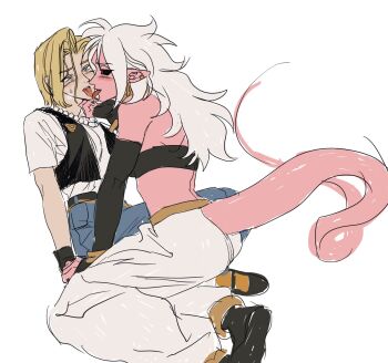 Rule 34 | 2girls, android 18, android 21, blonde hair, blush, breasts, colored skin, dragon ball, female focus, french kiss, kiss, linisthename, long hair, majin android 21, multiple girls, pink skin, tail, tongue, tongue out, white hair, yuri