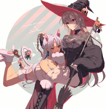 2girls alabama_(azur_lane) amazuki_jou animal_ear_hairband animal_ears animal_feet animal_hands azur_lane bell bell_earrings belt black_boots black_dress black_hat blue_hair boots braid broom brown_eyes brown_hair cat_ear_hairband cat_ears cat_tail chain chain_leash character_doll character_name clemenceau_(azur_lane) closed_mouth colored_inner_hair commentary_request doll dress earrings facial_mark fake_animal_ears fake_tail forehead_mark gascogne_(azur_lane) hairband hat hat_ornament heart highres holding holding_broom holding_leash indiana_(azur_lane) jean_bart_(azur_lane) jewelry leash long_hair massachusetts_(azur_lane) multicolored_hair multiple_girls pink_belt pink_eyes richelieu_(azur_lane) shorts skull_hat_ornament south_dakota_(azur_lane) tail white_hair white_shorts witch_hat