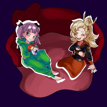 Rule 34 | 2girls, alien, baptistar2004, belle (zenless zone zero), black bow, blonde hair, blush, bow, commission, commissioner upload, fate/grand order, fate (series), feet, fujimaru ritsuka (female), helena blavatsky (fate), holding, holding stuffed toy, multiple girls, pajamas, piper wheel, purple eyes, purple hair, short hair, smile, stuffed animal, stuffed toy, zenless zone zero