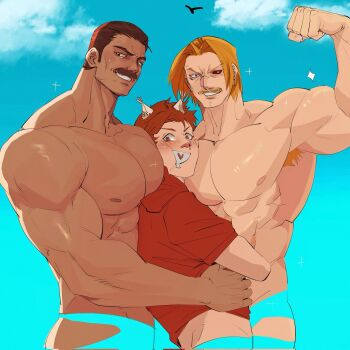 1other 2boys abs animal_ears armpit_hair aroused_nosebleed artist_self-insert bara blonde_hair blood blue_eyes blush boy_sandwich brown_eyes brown_hair cat_ears colored_sclera dark-skinned_male dark_skin drooling facial_hair flexing grin hair_slicked_back heart heart_in_mouth heterochromia highres laoyanzi large_pectorals looking_at_viewer male_focus mature_male mixed-language_commentary mouth_drool multiple_boys muscular muscular_male mustache nipples nosebleed nude original pectorals red_sclera red_shirt rugal_bernstein sandwiched shirt short_hair smile sparkle the_king_of_fighters zero_(kof)