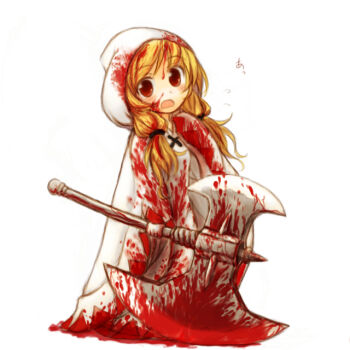 Rule 34 | 1girl, akikan (watashi no sekai), axe, blonde hair, blood, blood in hair, blood on clothes, blood on face, blush, braid, cloak, female focus, final fantasy, final fantasy tactics, gloves, hair over shoulder, hood, long hair, open mouth, red eyes, robe, simple background, smile, solo, twin braids, twintails, waving, weapon, white mage, white mage (fft), white mage (final fantasy)