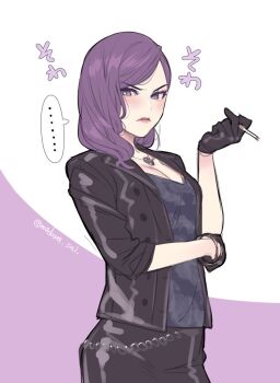 ... 1girl black_gloves black_jacket black_skirt breasts cigarette cleavage commentary_request frown gloves holding holding_cigarette jacket jewelry looking_at_viewer madara_sai necklace open_clothes open_jacket purple_eyes purple_hair ryuu_ga_gotoku_(series) ryuu_ga_gotoku_7 seonhee skirt solo twitter_username