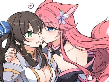 2girls animal_ears armor blue_eyes blush bow brown_hair ceri_(sakura_dungeon) commission commissioner_upload embarrassed fox_ears fox_tail green_eyes hair_bow heart japanese_clothes kimono multiple_girls non-web_source off_shoulder one_eye_closed opi pink_hair sakura_dungeon shoulder_armor surprised tail yomi_(sakura_dungeon) yuri