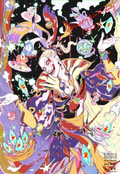 1boy 2025 artist_name black_background blonde_hair cake cake_slice cefca_palazzo character_name cow crazy_smile crystal cup dated earrings facepaint final_fantasy final_fantasy_vi fingernails food furrowed_brow hair_ribbon happy_birthday highres jacket jewelry long_hair looking_at_viewer male_focus multicolored_jacket oju_(ouka) open_mouth ponytail puffy_sleeves ribbon sash sharp_fingernails sign smile solo sword teacup teapot waist_sash weapon