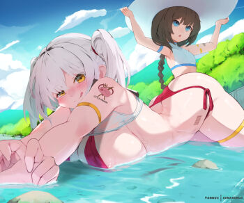 2girls :q all_fours aqua_eyes areola_slip armpits barcode barcode_tattoo bare_shoulders belorta_(nikke) bikini blush breasts brown_hair butt_crack cleavage flat_chest goddess_of_victory:_nikke groin hat highres holding holding_unworn_clothes holding_unworn_hat large_breasts long_hair looking_at_viewer looking_up lying mica_(nikke) multiple_girls on_stomach red_bikini river shoulder_tattoo sideboob sonaworld swimsuit tattoo thigh_strap tongue tongue_out twintails unworn_hat unworn_headwear white_bikini white_hair white_hat yellow_eyes