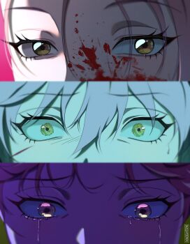 Rule 34 | 1girl, alien stage, artist name, blood, blood on face, commentary, crying, english commentary, eye focus, hair between eyes, highres, mizi (alien stage), pink hair, signature, tears, xnighten, yellow eyes