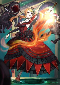 1girl absurdres black_flower blonde_hair braid braided_bangs breasts bridal_gauntlets choker cleavage dress flower frilled_dress frills hair_ornament highres holding holding_sword holding_weapon jewelry long_dress long_hair low_ponytail medium_breasts monster necklace off-shoulder_dress off_shoulder open_mouth ponytail priscilla_barielle re:zero_kara_hajimeru_isekai_seikatsu red_dress red_eyes sharp_teeth short_bangs siba_maruko smile sword teeth weapon