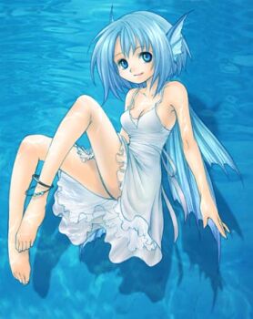 1girl anklet bad_id bare_arms bare_shoulders barefoot blue_eyes blue_hair breasts caustics cleavage closed_mouth collarbone commentary_request dress drop_shadow fins full_body head_fins jewelry lowres medium_breasts original saikachi_(ogre_tree) short_hair smile solo water white_dress