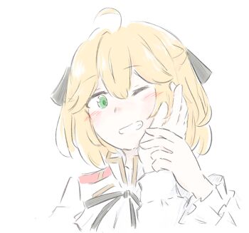 2girls anisphia_wynn_palettia black_ribbon blonde_hair blush commentary_request euphyllia_magenta green_eyes grin guided_hand_on_cheek hair_ribbon holding_another&#039;s_wrist jacket medium_hair multiple_girls nick150iso one_eye_closed ribbon simple_background smile tensei_oujo_to_tensai_reijou_no_mahou_kakumei white_background white_jacket yuri