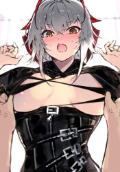 Rule 34 | 1girl, ahoge, ambience synesthesia, anger vein, antenna hair, areola slip, arknights, belt, black dress, blush, breasts, breasts apart, center opening, commentary, cross-shaped pupils, demon horns, dress, embarrassed, grey hair, highres, horns, kyuu (plastic night q), large breasts, looking at viewer, multicolored hair, multiple belts, official alternate costume, open mouth, orange eyes, paid reward available, pov, red hair, short hair, solo focus, streaked hair, surprised, symbol-shaped pupils, teeth, two-tone hair, upper body, upper teeth only, w (arknights), w (wanted) (arknights), zipper, zipper pull tab