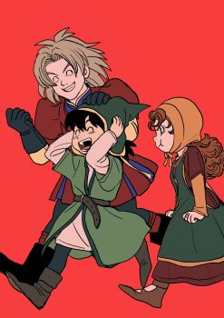 Rule 34 | 1girl, 2boys, closed mouth, commentary request, curly hair, dragon quest, dragon quest vii, dress, full body, green dress, green eyes, hat, hero (dq7), highres, kiefer, long hair, maribel (dq7), multiple boys, orange bonnet, short hair, simple background, smile, teeth, uranagi (uranaginasi), walking, white background