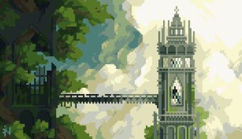 architecture bridge building castle cloud cloudy_sky day fantasy foliage franrekk moss no_humans original outdoors overgrown pixel_art plant ruins scenery sky tower tree wide_shot