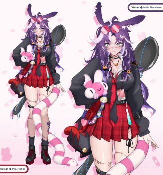 1girl ahoge alternate_costume animal_ears antenna_hair arm_at_side bag black_choker black_necktie black_shirt black_shoes black_socks braid breasts choker commentary ear_piercing english_commentary eyewear_on_head fang fingernails full_body highres id_card indie_virtual_youtuber jared_(michi_mochievee) jewelry large_breasts long_sleeves michi_mochievee multicolored_eyes necklace necktie oversized_object phaethonvt piercing pink_nails plaid_clothes plaid_skirt pleated_skirt purple_eyes purple_hair rabbit_ears red_necktie red_pupils shirt shoelaces shoes shoulder_bag skin_fang skirt smile socks solo spoon standing stitched_face stitched_leg stitches stuffed_toy tail virtual_youtuber white_streaks yellow_eyes zoom_layer