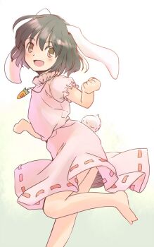 1girl :d animal_ears barefoot black_hair blush brown_eyes carrot_necklace clenched_hands collar commentary_request floppy_ears foot_out_of_frame frilled_collar frills from_side hands_up inaba_tewi jewelry leg_up looking_back necklace one-hour_drawing_challenge open_mouth pink_shirt pink_skirt puffy_short_sleeves puffy_sleeves rabbit_ears rabbit_girl rabbit_tail rangycrow ribbon-trimmed_skirt ribbon_trim shirt short_hair short_sleeves sideways_glance skirt smile solo tail touhou yellow_background