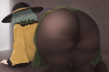1girl all_fours ass black_hat black_pantyhose commentary dated_commentary from_behind green_hair green_skirt hat hat_ribbon highres huge_ass indoors komeiji_koishi long_sleeves moriforest1040 pantyhose ribbon shirt short_hair skirt solo third_eye touhou yellow_ribbon yellow_shirt