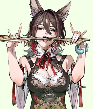 1girl animal_ear_fluff animal_ears bracelet breasts brown_hair chinese_clothes cleavage commentary_request folded_fan folding_fan fox_ears fox_girl green_eyes hair_between_eyes hand_fan highres holding holding_fan honkai:_star_rail honkai_(series) jewelry long_hair looking_at_viewer open_mouth otimusyairoha simple_background smile solo tingyun_(harmony)_(honkai:_star_rail) tingyun_(honkai:_star_rail) twitter_username upper_body