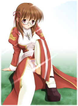 1girl 2000s_(style) black-framed_eyewear black_shoes blush border breasts brown_hair commentary_request cross cross_necklace dress foot_out_of_frame glasses hair_ribbon high_priest_(ragnarok_online) jewelry juliet_sleeves long_hair long_sleeves looking_at_viewer medium_breasts necklace open_mouth panties pink_panties puffy_sleeves ragnarok_online red_dress red_eyes red_ribbon ribbon sash satomura_tomoyuki semi-rimless_eyewear shoes solo thighhighs two-tone_dress under-rim_eyewear underwear white_border white_dress white_sash white_thighhighs