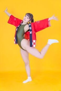 1girl arms_up asian ass bare_legs bare_shoulders black_hair breasts curvy full_body hands_on_own_hips highleg highleg_one-piece_swimsuit highres japanese_clothes looking_at_viewer model one-piece_swimsuit open_clothes photo_(medium) ponytail ririkana small_breasts smile socks standing standing_on_one_leg swimsuit swimsuit_under_clothes white_socks wide_hips yellow_background