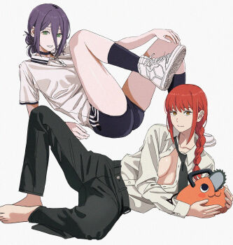 2girls absurdres barefoot black_choker black_necktie black_pants black_shorts black_socks braid breasts chainsaw_man choker cleavage closed_mouth collared_shirt commentary creature dress_shirt english_commentary green_eyes hair_between_eyes hair_bun hand_on_own_knee highres holding holding_creature light_smile long_hair looking_at_viewer lying makima_(chainsaw_man) mature_female multiple_girls necktie on_back on_side open_mouth pants pochita_(chainsaw_man) purple_hair red_hair reze_(chainsaw_man) ringed_eyes shiren_(ourboy83) shirt shoes short_sleeves shorts sideboob sidelocks single_braid sneakers socks striped_clothes striped_shirt striped_shorts thighs unbuttoned unbuttoned_shirt white_background white_shirt white_shoes yellow_eyes