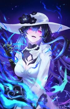 1girl absurdres black_flower black_gloves black_hair blue_fire breasts claws cleavage commentary cowboy_shot daiyumee02 demon_girl demon_horns demon_tail dress earrings english_commentary fire floating_hair flower gloves hair_between_eyes hat hat_flower highres honkai:_star_rail honkai_(series) horns jewelry large_breasts long_hair looking_at_viewer mole mole_under_eye necklace open_mouth pearl_necklace pink_eyes single_earring solo star_(sky) starry_sky_background tail the_dahlia_(honkai:_star_rail) very_long_hair white_dress white_hat