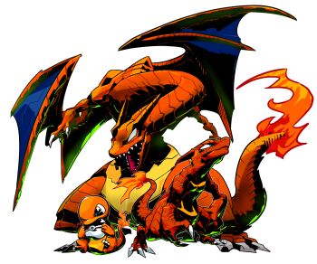 biting blue_eyes charizard charmander charmeleon claws dragon evolution evolutionary_line fang fire flame-tipped_tail full_body gen_1_pokemon highres looking_up monster nintendo no_humans no_pupils open_mouth poke_ball pokemon pokemon_(creature) sido_(slipknot) sitting tail transparent_background wings