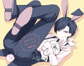 1boy animal_ears ariake_(ooe) arm_sling ass black_hair black_pants black_tailcoat blush broken_arm bunny_day closed_mouth collared_shirt commentary feet_up hair_slicked_back highres holding holding_stuffed_toy legs_up long_sleeves looking_at_viewer lying male_focus necktie on_back ooe_(game) pants rabbit_ears rabbit_tail red_eyes shirt shoes short_hair solo stuffed_animal stuffed_rabbit stuffed_toy tail tailcoat tanu_shigureni tearing_up white_shirt