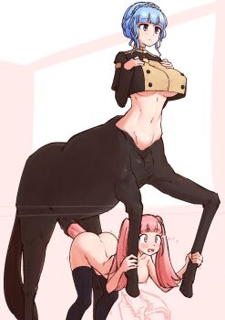 1futa 1girl animal_penis ass bent_over blue_hair blush braid breasts centaur crop_top crown_braid expressionless fire_emblem fire_emblem:_three_houses futa_with_female futanari hilda_valentine_goneril horse_penis interspecies large_breasts large_penis liveactors marianne_von_edmund monsterification nintendo nipples nude penis pink_eyes pink_hair railing sex stomach_bulge taur thighhighs twintails uncensored underboob