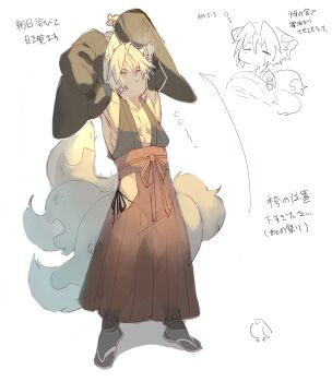 1boy abs alternate_costume animal_ears armpits arms_up bare_pectorals bird black_kimono black_panties black_socks blush_stickers chibi chibi_inset closed_eyes commentary_request detached_sleeves final_fantasy final_fantasy_vii final_fantasy_vii_ever_crisis fox_boy fox_ears fox_tail full_body geta grey_hair hakama hakama_pants hattouissenbaka highres japanese_clothes kemonomimi_mode kimono kitsune male_focus multiple_tails no_mouth panties pants pectorals red_hakama see-through_clothes sephiroth sephiroth_(ever_crisis) short_hair side-tie_panties sleeveless sleeveless_kimono socks solo standing stretching tabi tail toned toned_male translation_request underwear white_background wide_sleeves