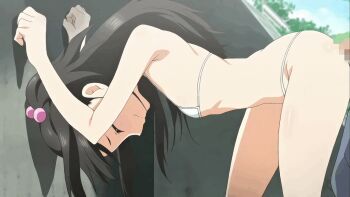 1boy 1girl adachi_tenka against_wall age_difference anal animated animated_gif bent_over bikini black_hair breasts censored closed_eyes flat_chest hair_bobbles hair_ornament hairdressing hetero loli long_hair micro_bikini mosaic_censoring penis screencap sex shoujo_ramune small_breasts swimsuit white_bikini