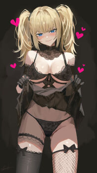 Rule 34 | 1girl, absurdres, ani (xai), bare shoulders, black background, black bow, black dress, black gloves, blonde hair, blue eyes, blush, bow, breasts, choker, cleavage, clothes lift, dress, fishnet thighhighs, fishnets, gloves, heart, highres, large breasts, long hair, looking at viewer, nanjo maya, simple background, skirt, skirt lift, smile, solo, thighhighs, twintails, underwear, xai (company)