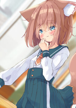 1girl animal_ear_fluff animal_ears blue_eyes blue_skirt blurry blurry_background blush brown_hair cat_ears cat_girl cat_tail closed_mouth commentary_request depth_of_field eyes_visible_through_hair hair_between_eyes hand_up high-waist_skirt highres imminent_masturbation indoors long_sleeves manabe_mana original pleated_skirt puffy_long_sleeves puffy_sleeves shirt skirt solo tail wavy_mouth white_shirt
