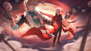 Rule 34 | 2boys, absurdres, aqinorz, archer (fate), archer (honkai: star rail) (fate), aventurine (honkai: star rail), black gloves, black shirt, blonde hair, bracelet, breast cutout, card, clothing cutout, coat, coin, earrings, fate/stay night, fate/unlimited blade works, fate (series), gloves, hair between eyes, highres, holding, holding card, honkai: star rail, honkai (series), jewelry, long sleeves, looking at viewer, male focus, multiple boys, parted lips, planted, planted sword, planted weapon, red coat, ring, shirt, short hair, spiked hair, sword, weapon, white hair